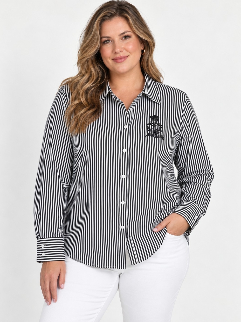 Lauren Ralph Lauren Black & White Striped Button-Down Shirt with Crest